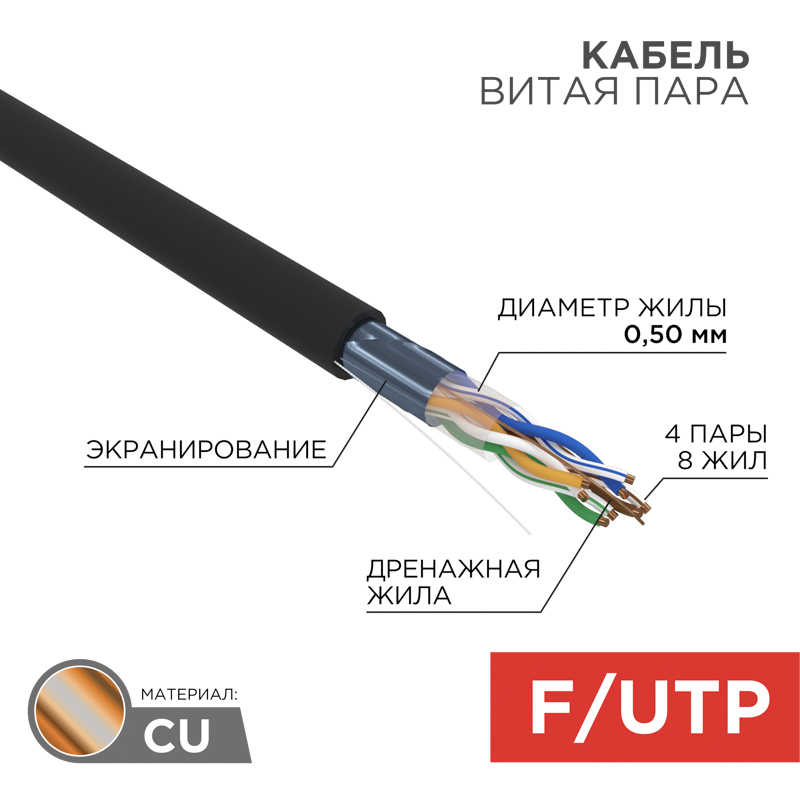 Кабель витая пара F/UTP, CAT 5e, ZH нг(А)-HF, 4PR, 24AWG, OUTDOOR, SOLID, черный, 305м, REXANT