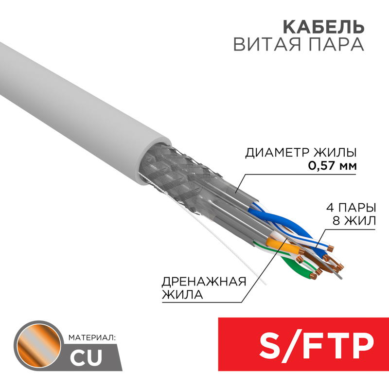 Кабель витая пара U/UTP, CAT 6A, ZH нг(А)-HF (LSZH), 4х2х0,57 мм, 23AWG, INDOOR, SOLID, серый, 305м, серия PRO REXANT