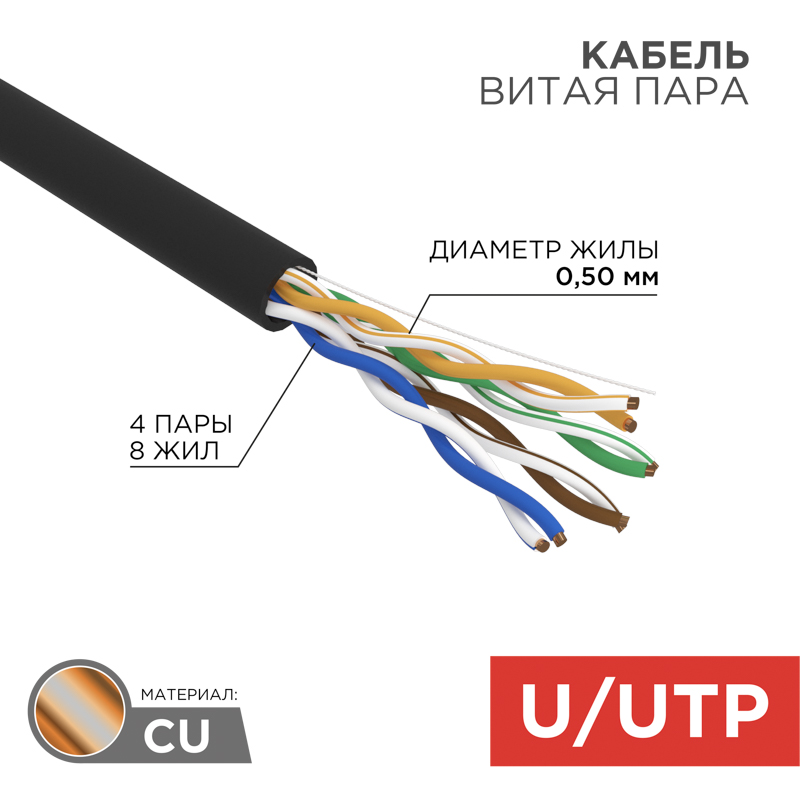 Кабель витая пара U/UTP, CAT 5e, ZH нг(А)-HF, 4PR, 24AWG, OUTDOOR, SOLID, черный, 305м, REXANT