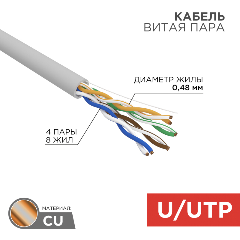Кабель витая пара U/UTP, CAT 5e, ZH нг(А)-HF, 4PR, 24AWG, INDOOR, SOLID, серый, 305м REXANT