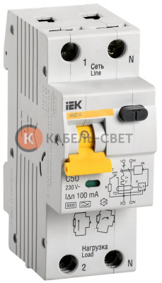 АВДТ-32 Дифференциальный автомат IEK "C", 1 полюсный + нейтраль, номинальный ток 50А, ток утечки 100мА, ток срабатывания 6кА