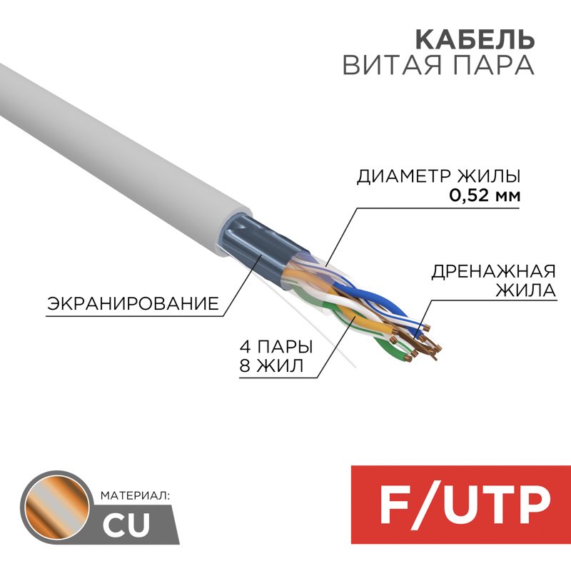 Кабель витая пара F/UTP, CAT 5e, PVC, 4х2х0,52 мм, 24AWG, INDOOR, SOLID, серый, 305м, серия PRO REXANT