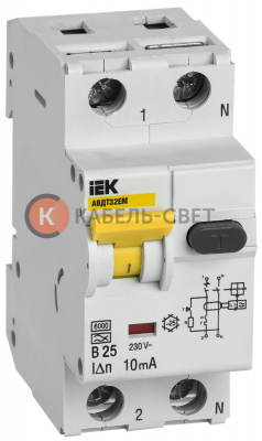 АВДТ-32ЕМ Дифференциальный автомат IEK "B", 1 полюсный + нейтраль, номинальный ток 25А, ток утечки 10мА, ток срабатывания 6кА