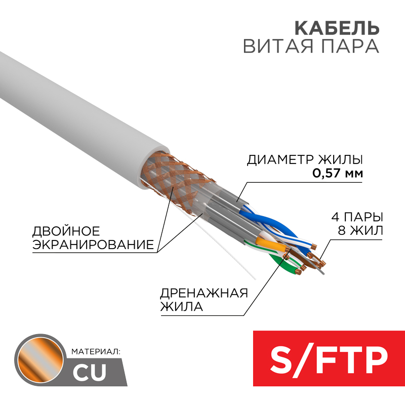 Кабель витая пара S/FTP, CAT 6A, ZH нг(А)-HF, 4х2х0,575 мм, 23AWG, INDOOR, SOLID, серый, 305м, серия PRO REXANT