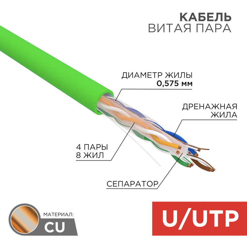 Кабель витая пара U/UTP, CAT 6, нг(А)-HFLTx, 4х2х0,575мм, 23AWG, INDOOR, SOLID, зеленый, 305м REXANT