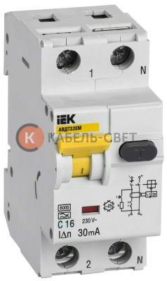АВДТ-32ЕМ Дифференциальный автомат IEK "C", 1 полюсный + нейтраль, номинальный ток 16А, ток утечки 30мА, ток срабатывания 6кА