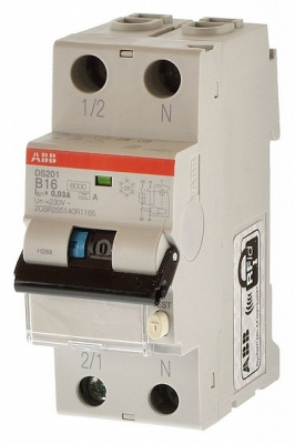 DS201 C16 A30 Автоматический выключатель ABB дифференциального тока 1 полюсный + нейтраль, номинальный ток 16 мА, минимальный остаточный ток 30 мА, ток срабатывания 6 кА