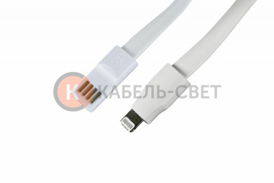 USB кабель для iPhone 5/5S/5C плоский силиконовый шнур, белый REXANT