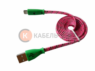 USB-Lightning кабель для iPhone/nylon/flat/pink/1m/REXANT/светящиеся разъемы